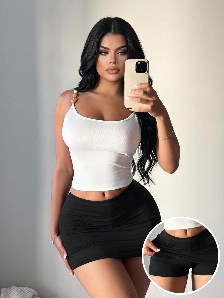 SHEIN SXY 女士性感休闲黑色迷你紧身裙(含内置短裤)黑色迷你裙 - 黑色 - 查看 1