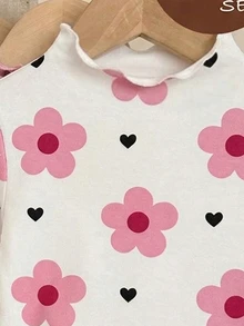 SHEIN Vintaside Kids 4件組少女針織花卉條紋印花荷葉領休閒長袖T恤上衣，適合秋冬穿著，返校休閒長袖素色基本修身款上衣 - 彩色 - 查看 5