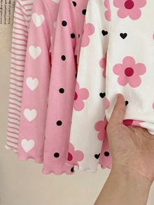 SHEIN Vintaside Kids 4件組少女針織花卉條紋印花荷葉領休閒長袖T恤上衣，適合秋冬穿著，返校休閒長袖素色基本修身款上衣 - 彩色 - 查看 6