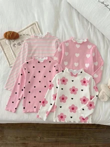 SHEIN Vintaside Kids 4件組少女針織花卉條紋印花荷葉領休閒長袖T恤上衣，適合秋冬穿著，返校休閒長袖素色基本修身款上衣 - 彩色 - 查看 3