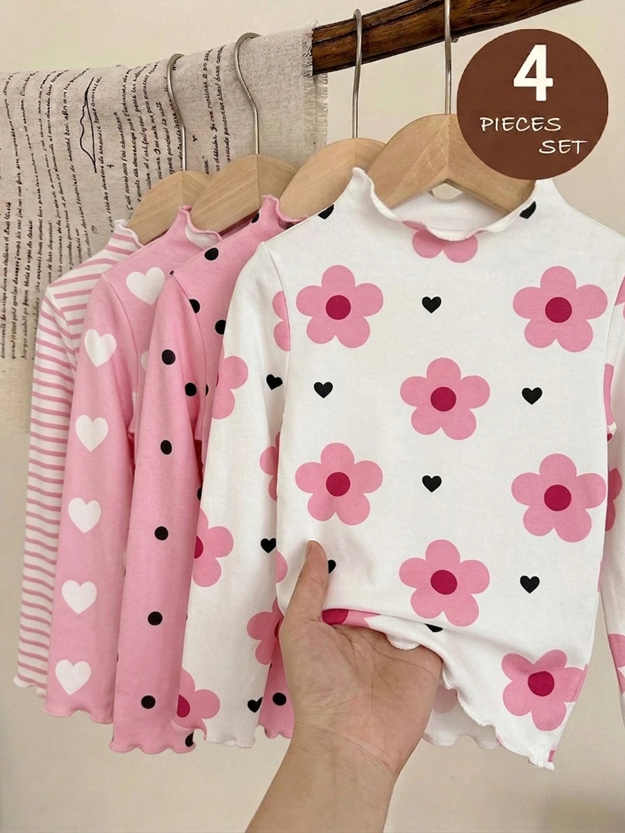 SHEIN Vintaside Kids 4件組少女針織花卉條紋印花荷葉領休閒長袖T恤上衣,適合秋冬穿著,返校休閒長袖素色基本修身款上衣 - 彩色 - 查看 1