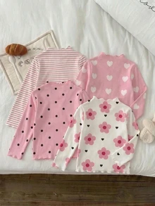 SHEIN Vintaside Kids 4件組少女針織花卉條紋印花荷葉領休閒長袖T恤上衣，適合秋冬穿著，返校休閒長袖素色基本修身款上衣 - 彩色 - 查看 2