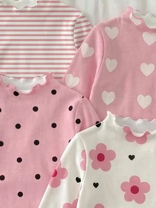 SHEIN Vintaside Kids 4件組少女針織花卉條紋印花荷葉領休閒長袖T恤上衣，適合秋冬穿著，返校休閒長袖素色基本修身款上衣 - 彩色 - 查看 4