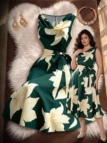 Formidée Plus Size Women Elegant Sleeveless Floral Print Dress With Bow Tie Waist - Dark Green - View 1