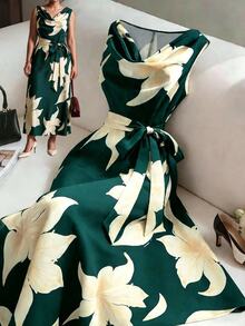 Formidée Plus Size Women Elegant Sleeveless Floral Print Dress With Bow Tie Waist - Dark Green - View 10