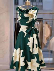 Formidée Plus Size Women Elegant Sleeveless Floral Print Dress With Bow Tie Waist - Dark Green - View 6