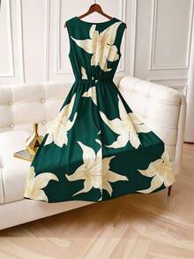 Formidée Plus Size Women Elegant Sleeveless Floral Print Dress With Bow Tie Waist - Dark Green - View 4