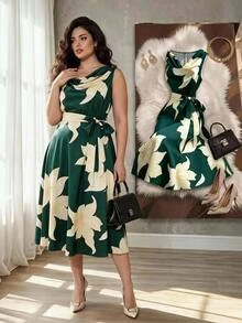 Formidée Plus Size Women Elegant Sleeveless Floral Print Dress With Bow Tie Waist - Dark Green - View 2