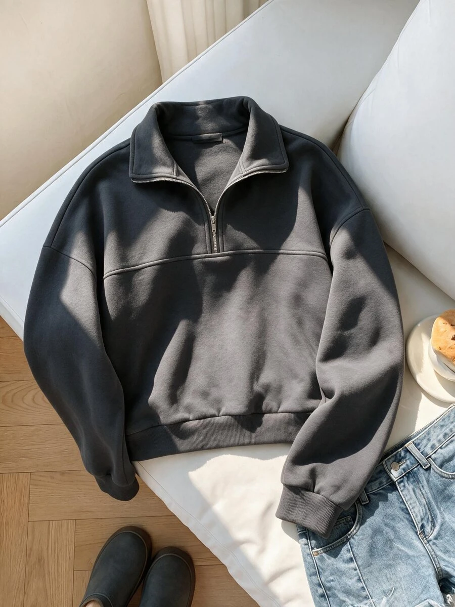 SHEIN Teen Girl Fleece Fall Solid Color Casual Versatile Daily Long Sleeve Sweatshirt Autumn Fall, Holiday - Grey - View 1