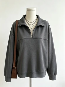 SHEIN Teen Girl Fleece Fall Solid Color Casual Versatile Daily Long Sleeve Sweatshirt Autumn Fall, Holiday - Grey - View 5