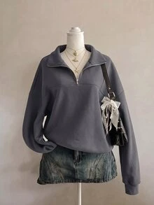 SHEIN Teen Girl Fleece Fall Solid Color Casual Versatile Daily Long Sleeve Sweatshirt Autumn Fall, Holiday - Grey - View 4