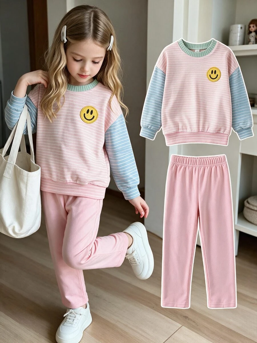 SHEIN Girls Pink & Blue Colorblock Striped Smiling Face Patchwork Sweatshirt & Pink Leggings Set, Autumn School Casual - Multicolor - View 1