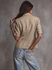 SHEIN 2026新款女士棕色短袖西装外套，亚麻面料，金属纽扣，假口袋，休闲通勤度假夹克，女士西装外套，米色西装外套，女士夏季西装外套，女士夏季办公西装外套，布鲁诺·马尔斯商务休闲夏季粗花呢外套 - 杏色 - 查看 3