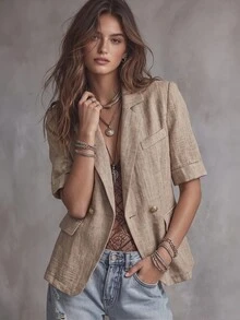 SHEIN 2026新款女士棕色短袖西装外套，亚麻面料，金属纽扣，假口袋，休闲通勤度假夹克，女士西装外套，米色西装外套，女士夏季西装外套，女士夏季办公西装外套，布鲁诺·马尔斯商务休闲夏季粗花呢外套 - 杏色 - 查看 6