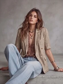 SHEIN 2026新款女士棕色短袖西装外套，亚麻面料，金属纽扣，假口袋，休闲通勤度假夹克，女士西装外套，米色西装外套，女士夏季西装外套，女士夏季办公西装外套，布鲁诺·马尔斯商务休闲夏季粗花呢外套 - 杏色 - 查看 5