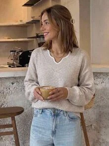SHEIN Frenchy Tie Back Drop Shoulder Back Band Sweater Casual Romantic Elegant Contrast Color Shell Edging Autumn/Winter Knitted Spring Date Everyday Day Time Beige - Apricot - View 2