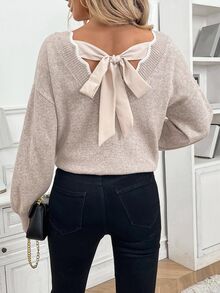 SHEIN Frenchy Tie Back Drop Shoulder Back Band Sweater Casual Romantic Elegant Contrast Color Shell Edging Autumn/Winter Knitted Spring Date Everyday Day Time Beige - Apricot - View 3