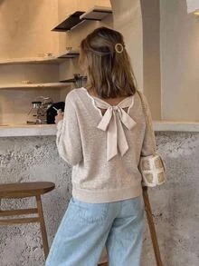 SHEIN Frenchy Tie Back Drop Shoulder Back Band Sweater Casual Romantic Elegant Contrast Color Shell Edging Autumn/Winter Knitted Spring Date Everyday Day Time Beige - Apricot - View 5