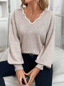 SHEIN Frenchy Tie Back Drop Shoulder Back Band Sweater Casual Romantic Elegant Contrast Color Shell Edging Autumn/Winter Knitted Spring Date Everyday Day Time Beige - Apricot - View 6