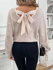 SHEIN Frenchy Tie Back Drop Shoulder Back Band Sweater Casual Romantic Elegant Contrast Color Shell Edging Autumn/Winter Knitted Spring Date Everyday Day Time Beige - Apricot - View 7