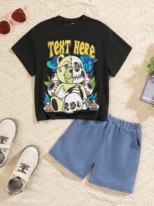 Young Boys Casual Comfortable Bear Doll & Skull Pattern Short Sleeve Top With Shorts Set - Multicolor - View 7