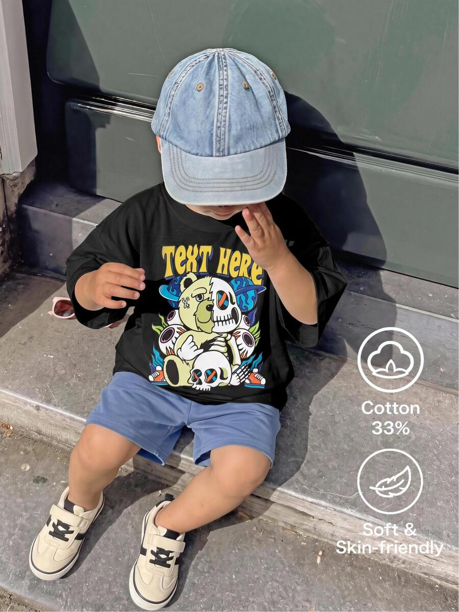 Young Boys Casual Comfortable Bear Doll & Skull Pattern Short Sleeve Top With Shorts Set - Multicolor - View 1