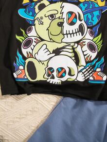 Young Boys Casual Comfortable Bear Doll & Skull Pattern Short Sleeve Top With Shorts Set - Multicolor - View 4