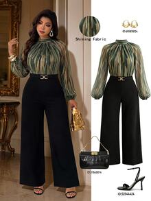 Femmeverse Plus Size Women's Fashion Sexy Halter Neck Pleated Metallic Fabric A-Line Lantern Sleeve Wide Leg Jumpsuit - Multicolor - View 3