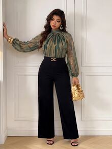 Femmeverse Plus Size Women's Fashion Sexy Halter Neck Pleated Metallic Fabric A-Line Lantern Sleeve Wide Leg Jumpsuit - Multicolor - View 7