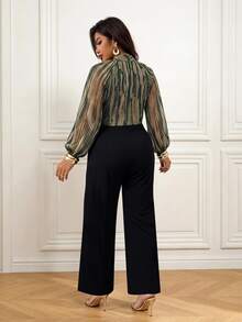 Femmeverse Plus Size Women's Fashion Sexy Halter Neck Pleated Metallic Fabric A-Line Lantern Sleeve Wide Leg Jumpsuit - Multicolor - View 2