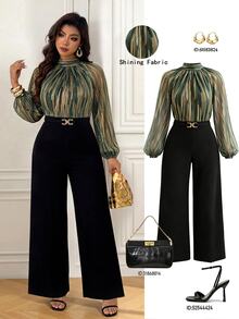 Femmeverse Plus Size Women's Fashion Sexy Halter Neck Pleated Metallic Fabric A-Line Lantern Sleeve Wide Leg Jumpsuit - Multicolor - View 1