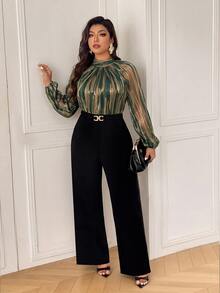 Femmeverse Plus Size Women's Fashion Sexy Halter Neck Pleated Metallic Fabric A-Line Lantern Sleeve Wide Leg Jumpsuit - Multicolor - View 4