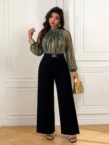 Femmeverse Plus Size Women's Fashion Sexy Halter Neck Pleated Metallic Fabric A-Line Lantern Sleeve Wide Leg Jumpsuit - Multicolor - View 6