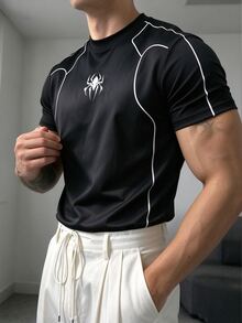 Gym Rark 男士蜘蛛圖案圓領套頭運動T恤，健身房適用 - 黑色 - 查看 3