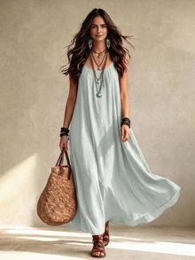 OPHERINE Gaun Panjang Tanpa Lengan Kasual Longgar untuk Wanita, Warna Polos, Cocok untuk Liburan Musim Panas di Pantai, Warna Hijau Mint - Abu-abu Biru - View 1