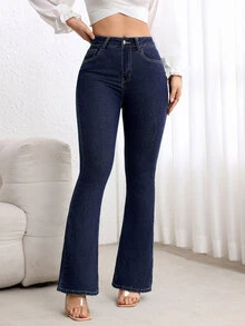 SHEIN PETITE Women's Casual Daily Flare Jeans With Pockets And Buttons - Dark Wash - View 4