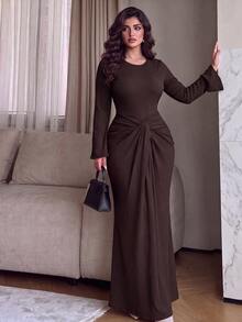 Modelyn Plus Size Women's Brown Textured Knit Long Sleeve Twist Waist A-Line Elegant Romantic Bell Sleeve Dress - Brown - View 1