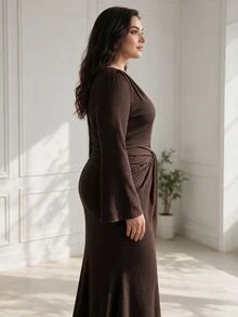 Modelyn Plus Size Women's Brown Textured Knit Long Sleeve Twist Waist A-Line Elegant Romantic Bell Sleeve Dress - Brown - View 2