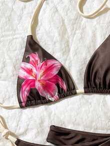 SHEIN Swim 女款春夏隨機印花掛脖高衩三件式比基尼套裝，粉色與巧克力棕色，性感熱帶風，適合海灘派對度假 - 彩色 - 查看 5