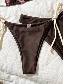 SHEIN Swim 女款春夏隨機印花掛脖高衩三件式比基尼套裝，粉色與巧克力棕色，性感熱帶風，適合海灘派對度假 - 彩色 - 查看 6