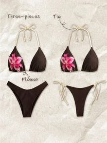 SHEIN Swim 女款春夏隨機印花掛脖高衩三件式比基尼套裝，粉色與巧克力棕色，性感熱帶風，適合海灘派對度假 - 彩色 - 查看 1