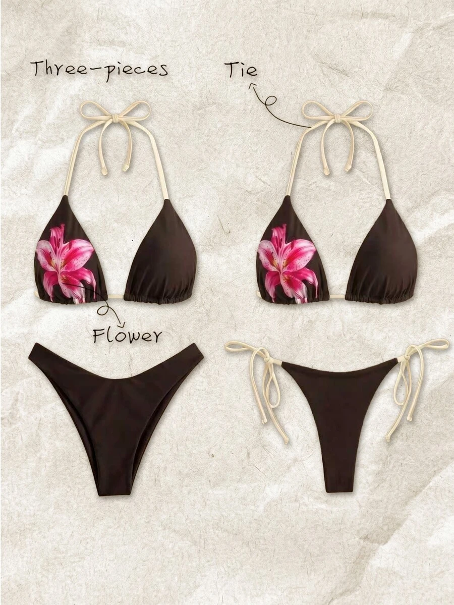SHEIN Swim 女款春夏隨機印花掛脖高衩三件式比基尼套裝，粉色與巧克力棕色，性感熱帶風，適合海灘派對度假 - 彩色 - 查看 1