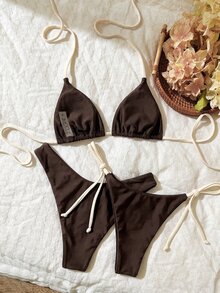 SHEIN Swim 女款春夏隨機印花掛脖高衩三件式比基尼套裝，粉色與巧克力棕色，性感熱帶風，適合海灘派對度假 - 彩色 - 查看 4