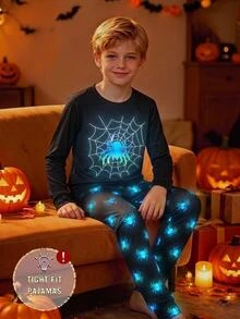 SHEIN Kids Tween Boy Snug Fit Spider Pattern Crew Neck Regular Shoulder Long Sleeve T-Shirt And Long Autumn Pants Soft Comfortable Home Sleepwear Set 2pcs - Black - View 1