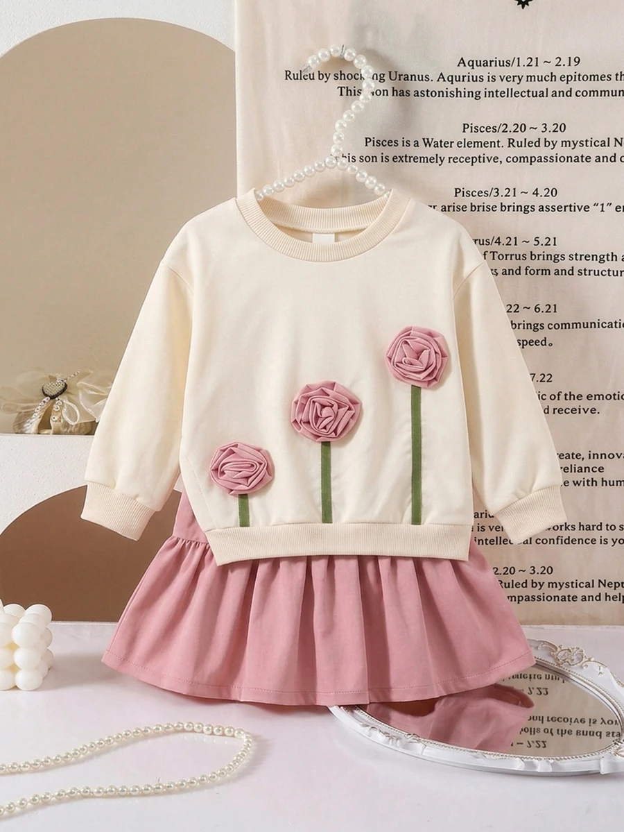 SHEIN Kids Kids Infant Cute Floral Colorblock Long Sleeve Autumn Dress - Apricot - View 1