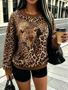 Maweii Plus Size Leopard Print Cheetah Graphic Sweatshirt, Women Round Neck Long Sleeve Loose Pullover Top, Sexy SweatshirtForFall Date Night Tan Silver - Multicolor - View 7
