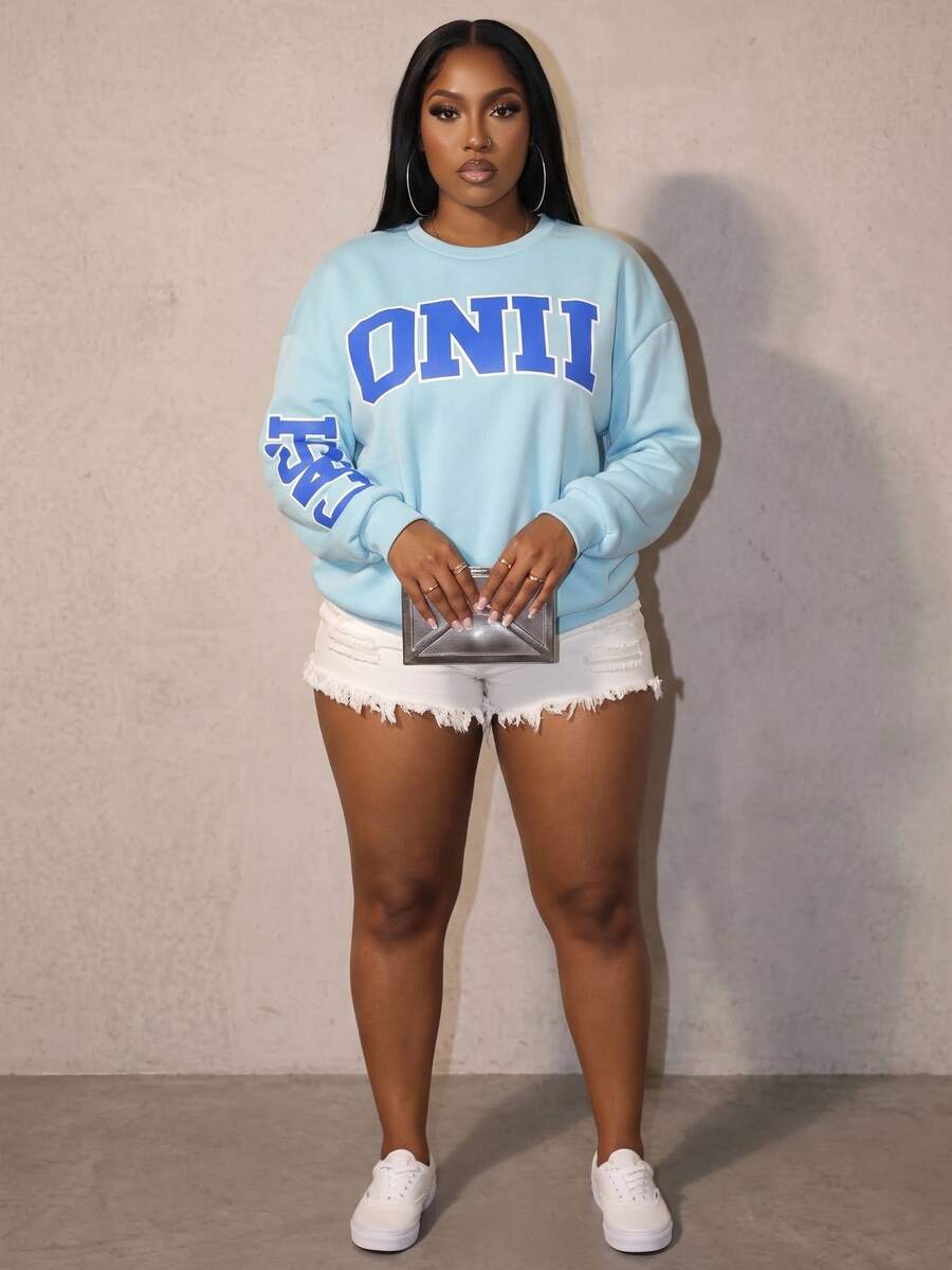 Slaydiva Plus Size Light Blue Striped,Autumn,Casual,Everyday Loose Sweatshirt With "Only Cash" Text Print,Long Sleeve Street Leisure Top For Autumn/Winter - Blue - View 1