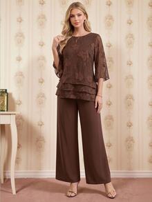 Amorya Women's Applique Embroidery Multi-Layer Hem Top And Loose Long Pants 2 Pieces Set Party Night Dinner Tea Party Brown Chocolate Brown Summer Elegant - Brown - View 1