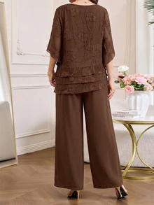 Amorya Women's Applique Embroidery Multi-Layer Hem Top And Loose Long Pants 2 Pieces Set Party Night Dinner Tea Party Brown Chocolate Brown Summer Elegant - Brown - View 5