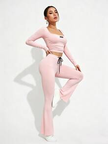Easithlete Women's Autumn Clothing Fitness Wear Casual Sports Suit Highly Elastic Yoga Two Pieces Set Daily Long Sleeve T-Shirt And Flared Pants - Pink - View 5